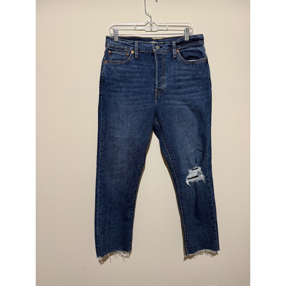 Levis Wedgie Straight High Rise Distressed Raw Hem Jeans Blue 32